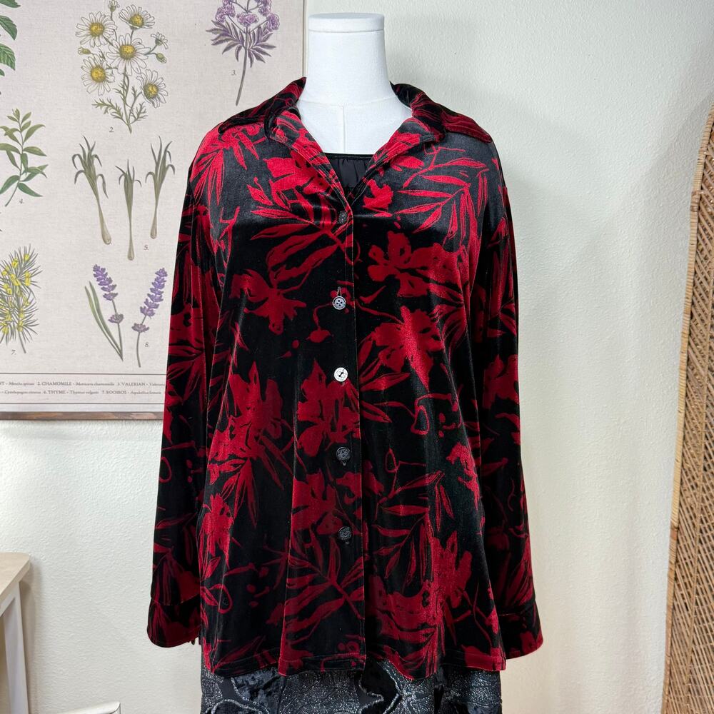 Vintage 90s Y2k Floral Velvet Oversized Button Up Shirt Vampire Romantic Goth S